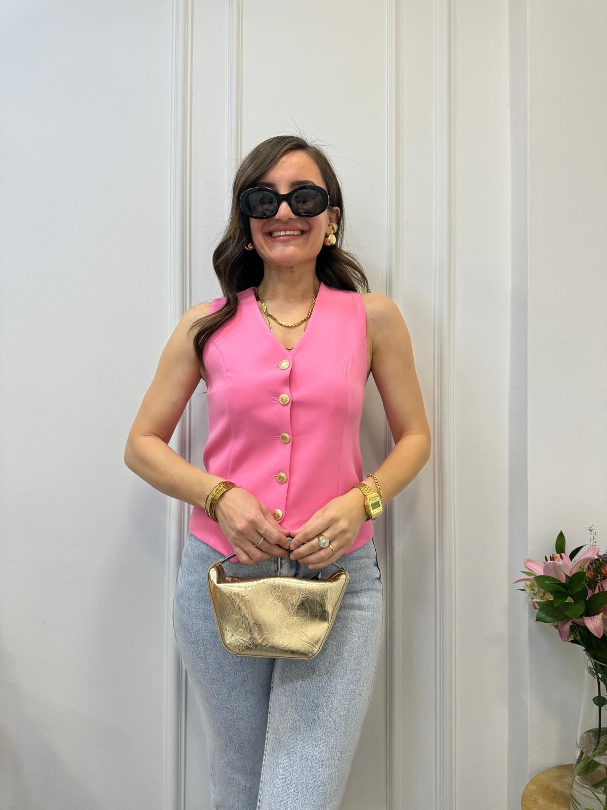 Pembe Premıum Seri Gold Düğme Detaylı Astarlı Yelek 1905