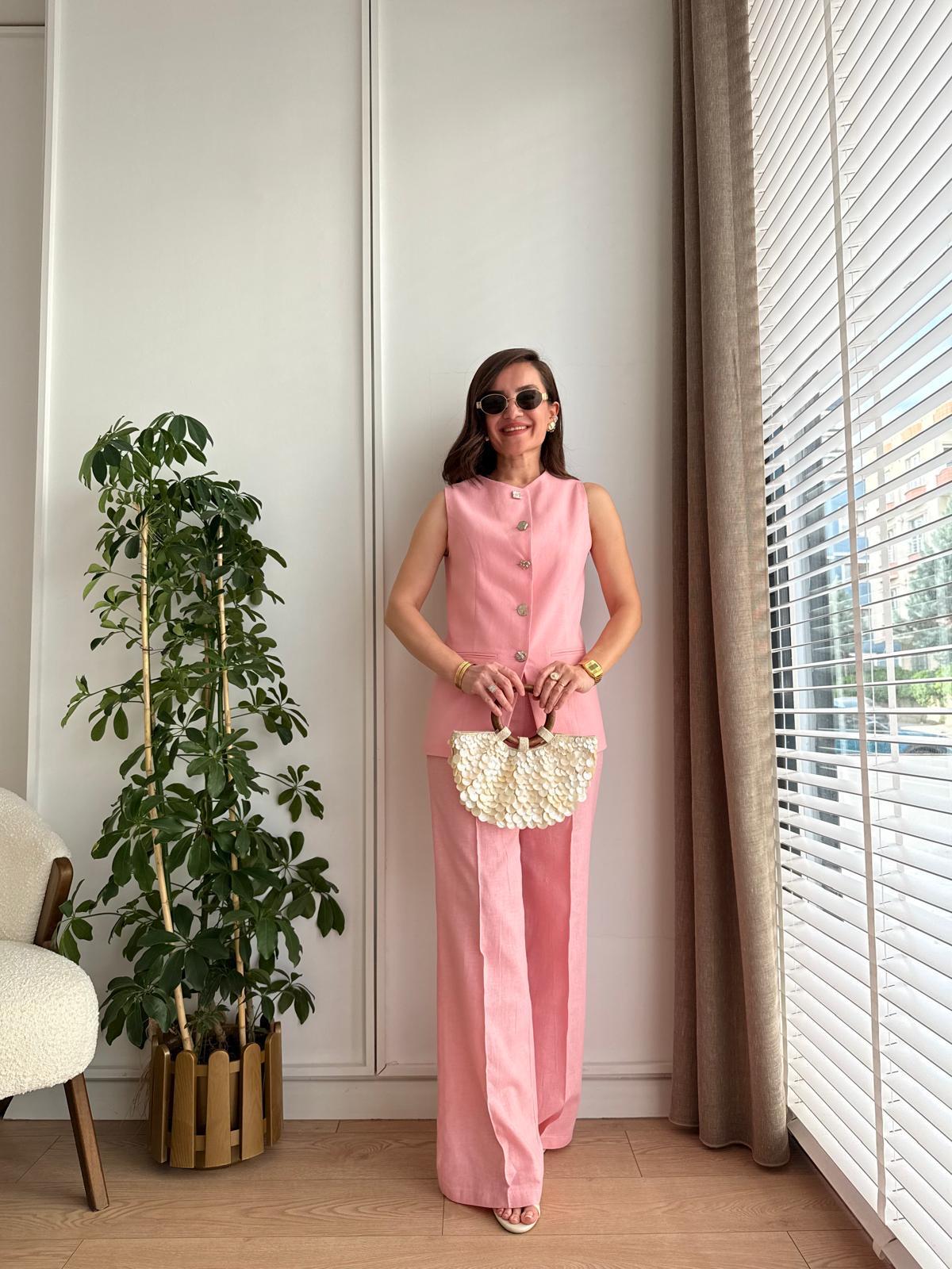 Pembe Premıum Seri Gümüş Düğme Detaylı Yelek Pantolon Takım 2028