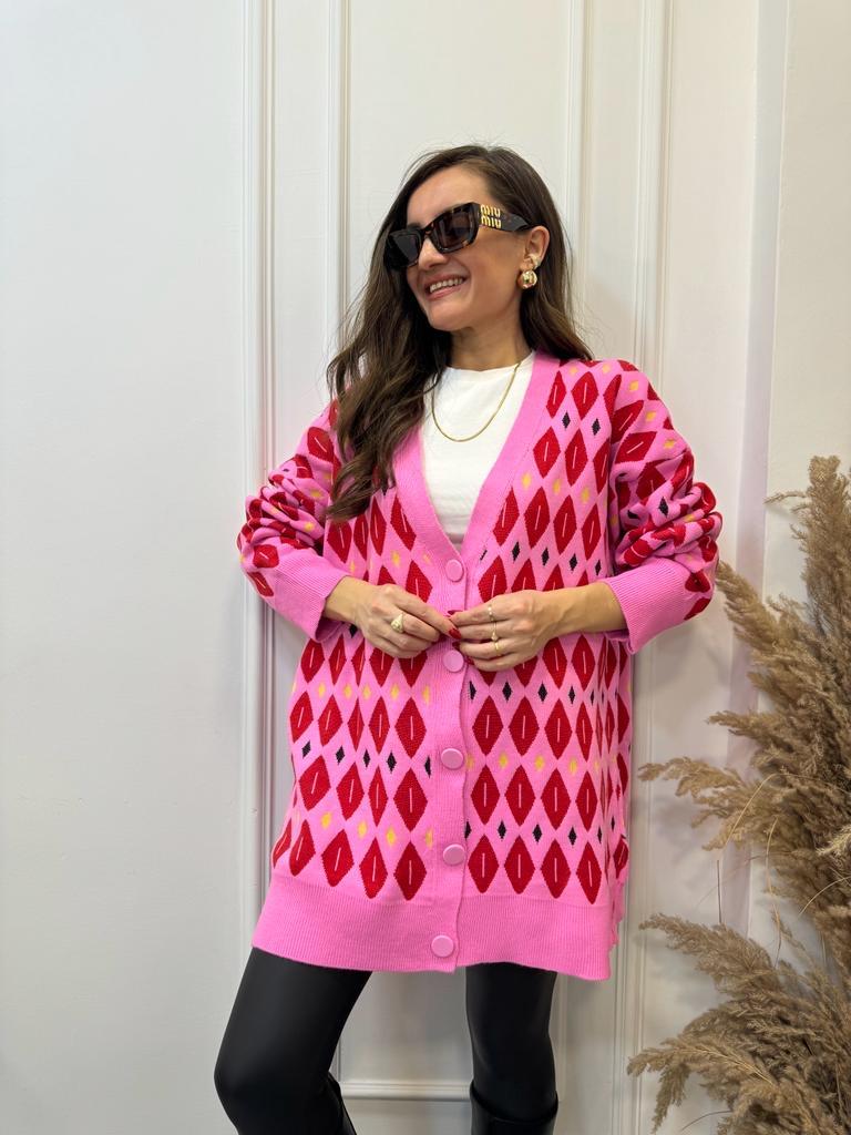 Pembe Renkli Desenli Triko Hırka 0050