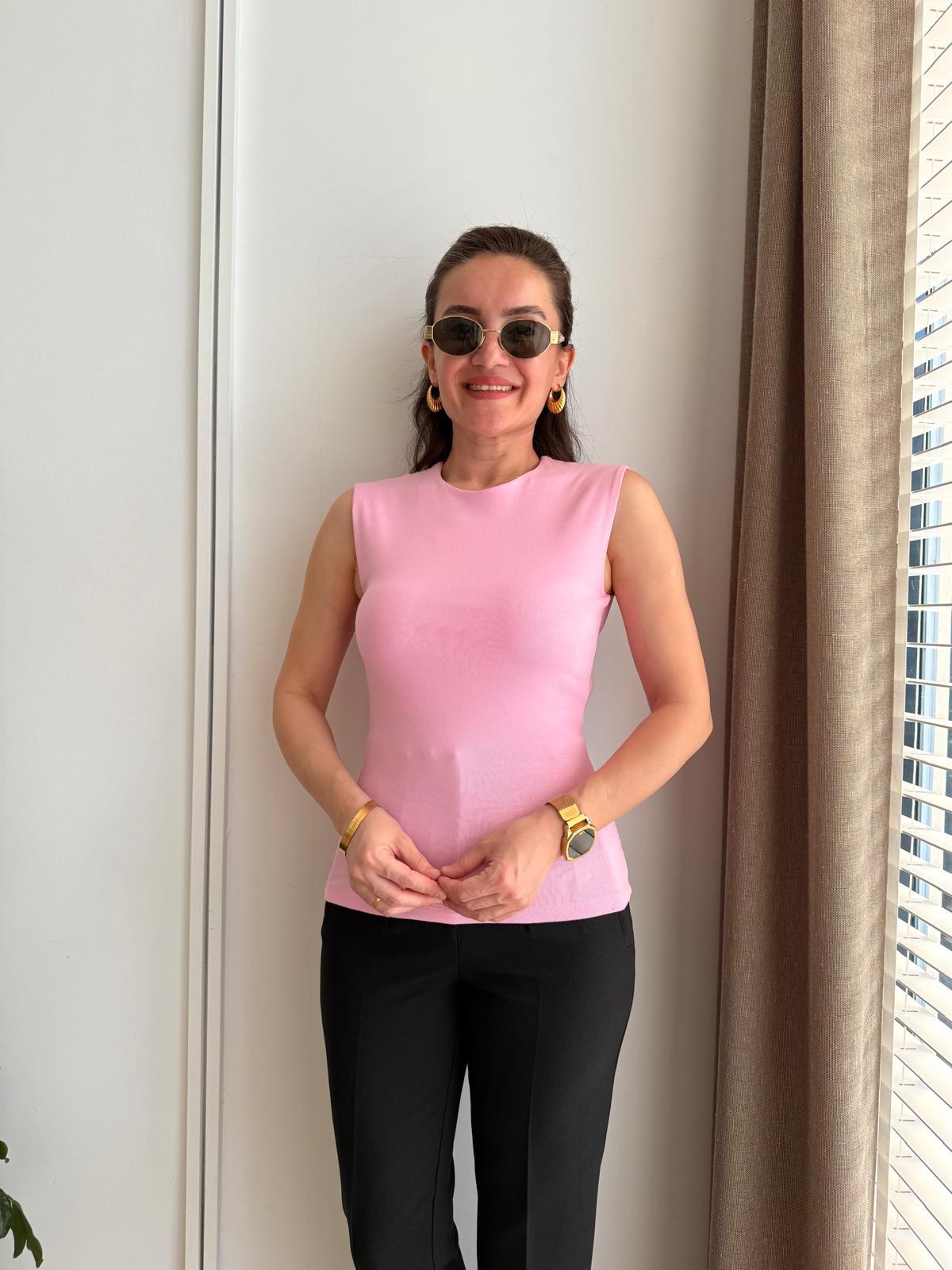 Pembe Sıfır Kol Pamuklu Bluz 16776