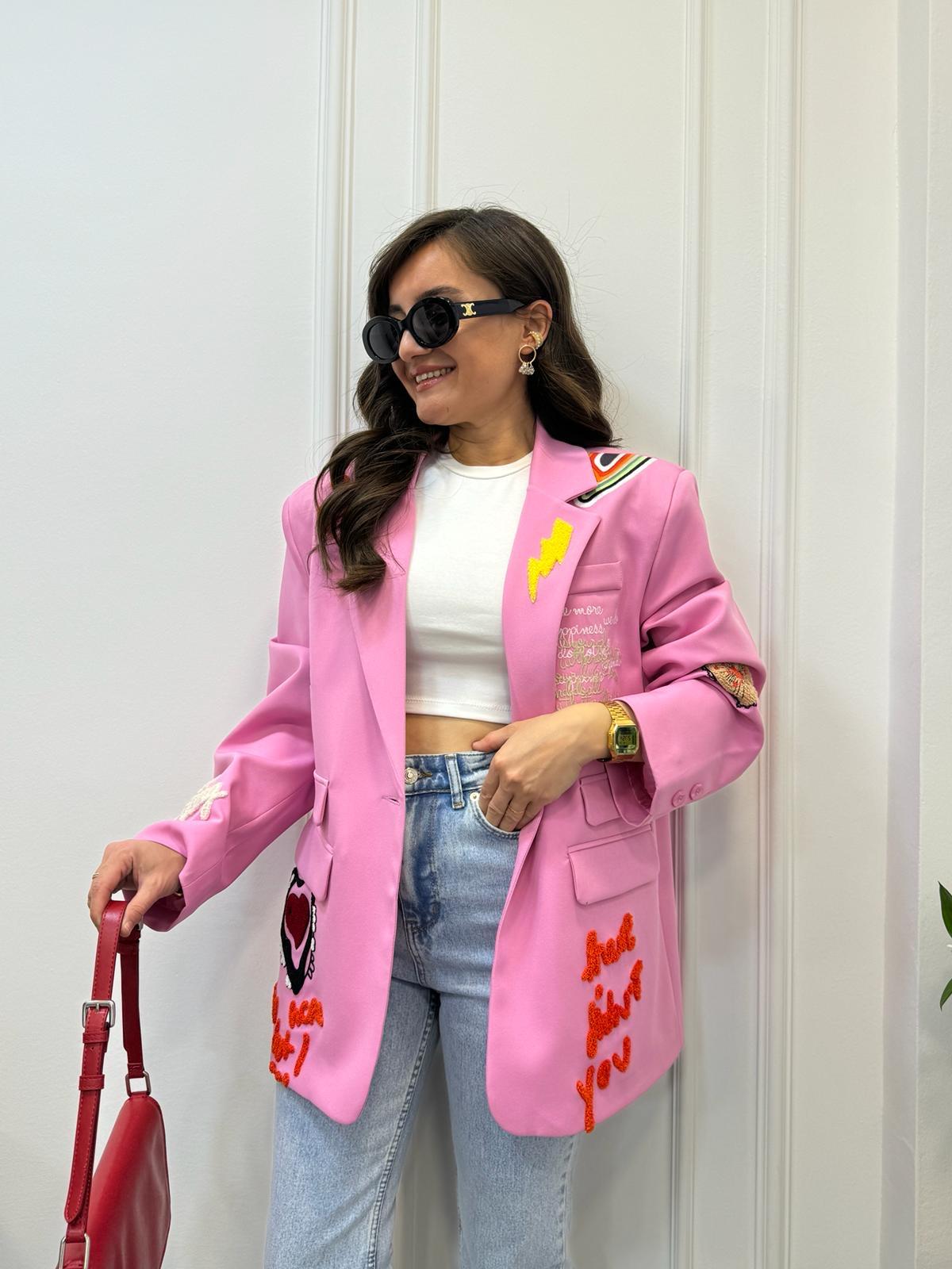 Pembe Tasarım Nakış Detaylı Blazer Ceket 1401