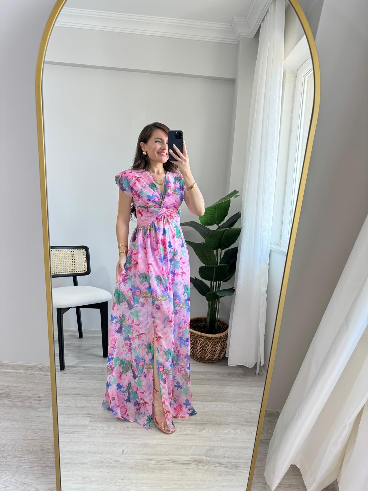 Pembe Vatkalı Bel Detaylı Şifon Elbise 3522