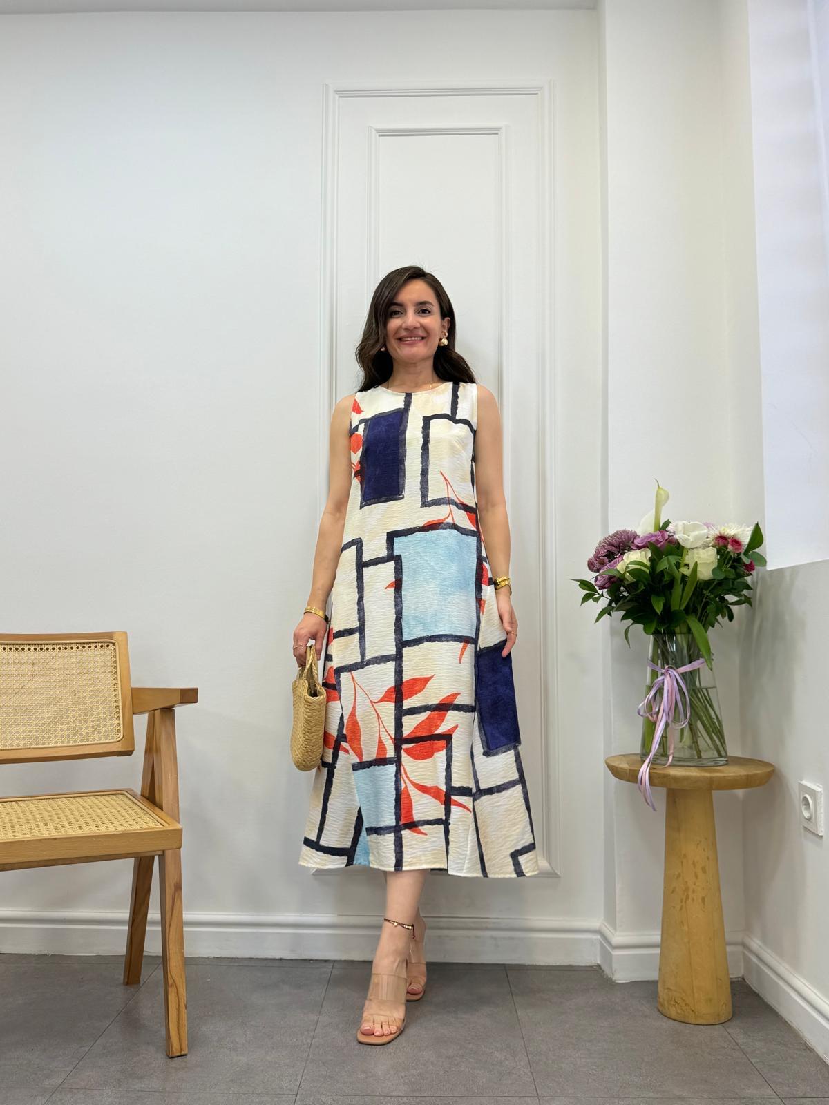 Renkli Desenli Sıfır Kol Elbise 28582