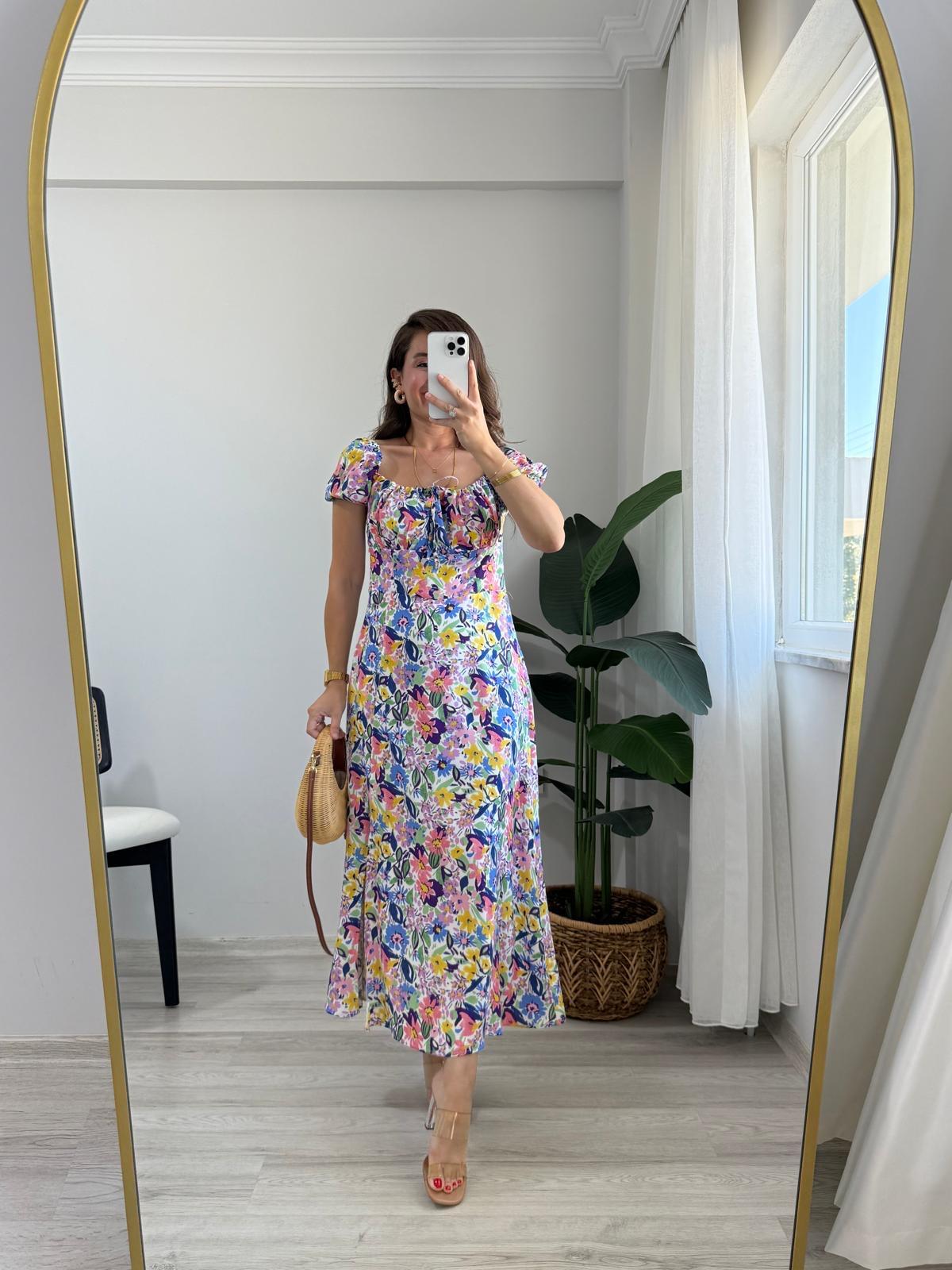 Sarı Desenli Yaka Bağcıklı Sırt Gipeli Elbise 5803