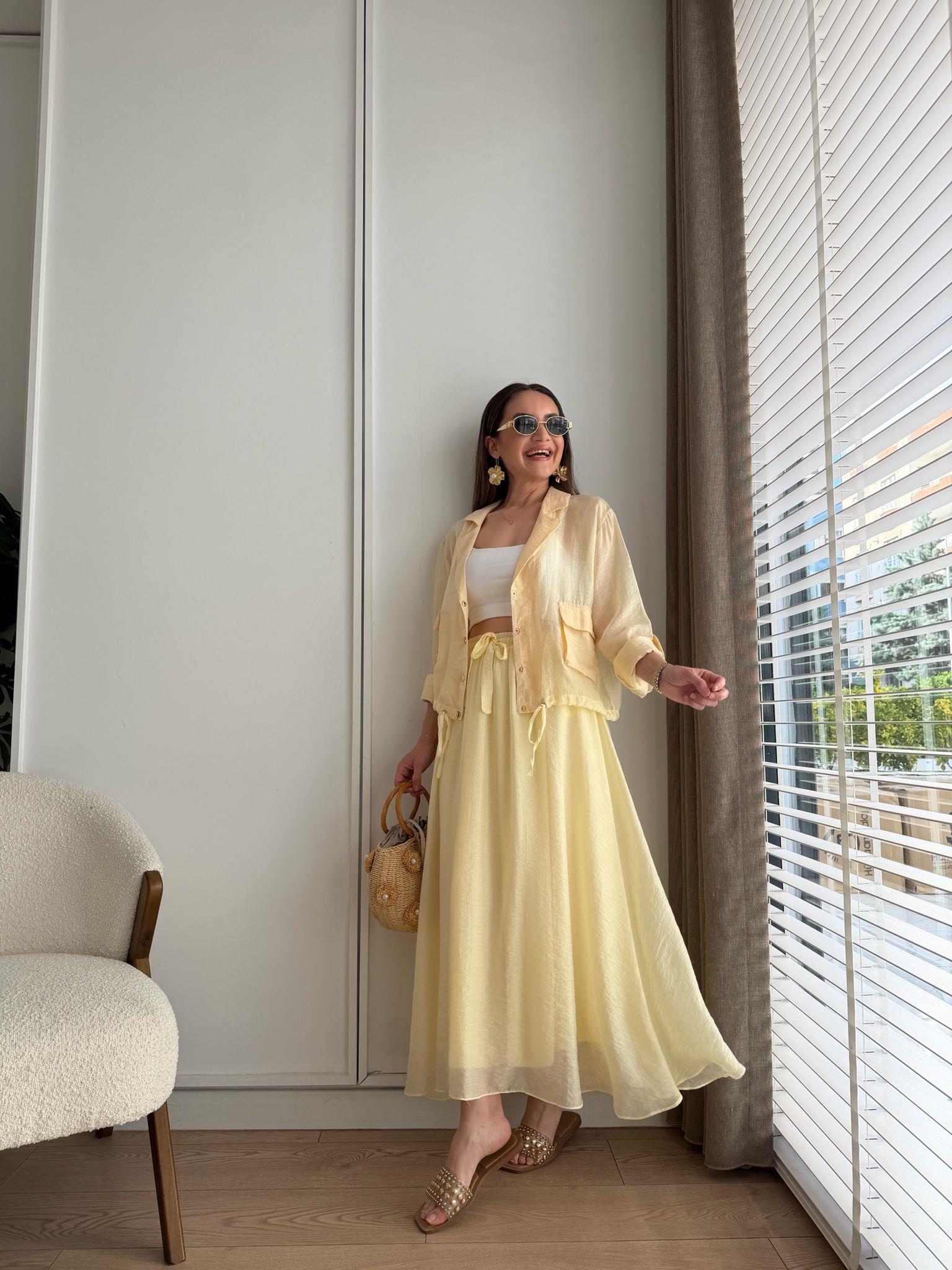 Sarı Gold Düğmeli Etek Takım 37277