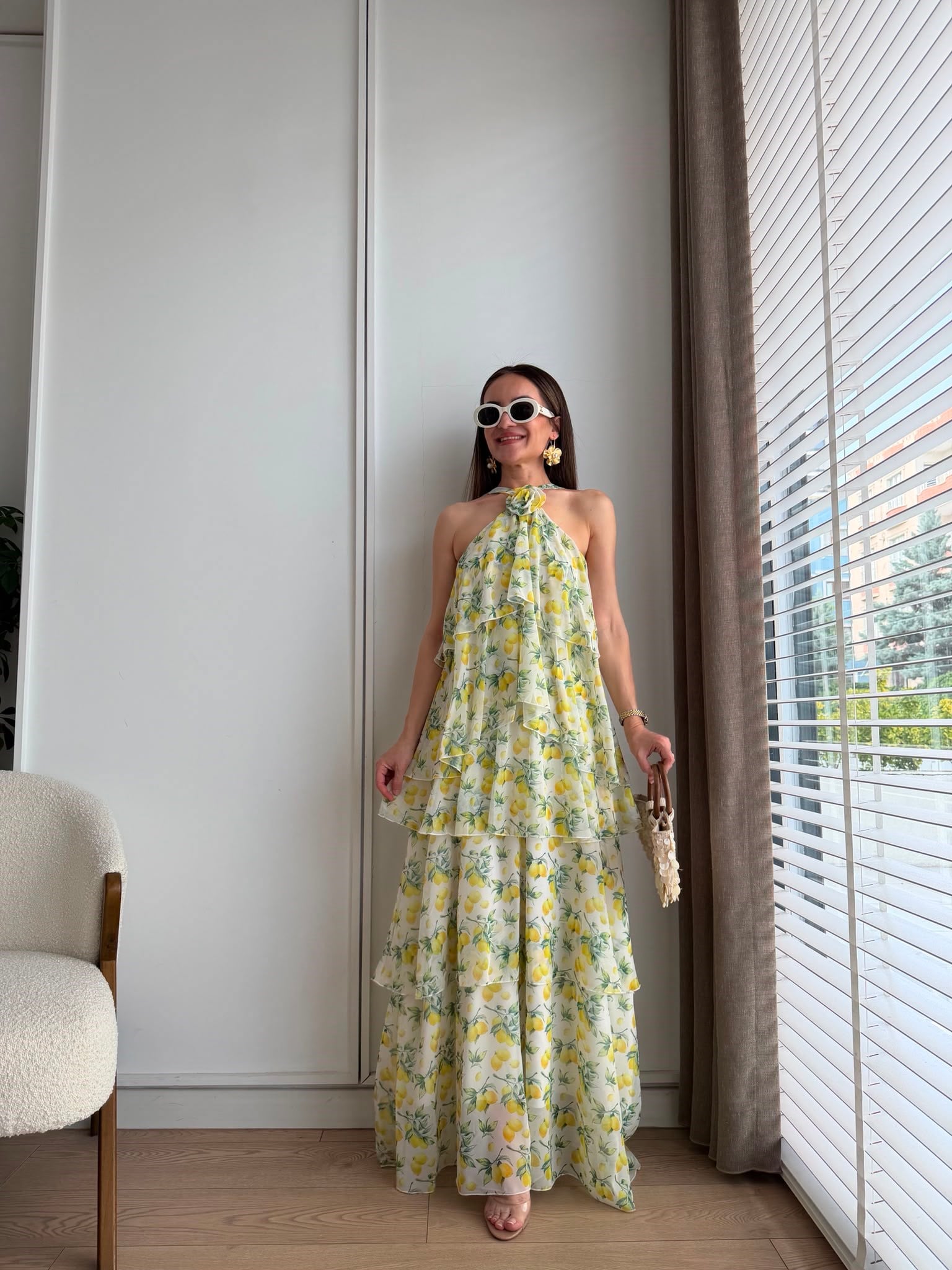 Sarı Yaka Detaylı Katlı Şifon Elbise 0873