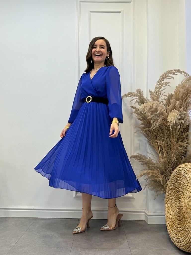 Sax Beli Lastikli Piliseli Kemerli Elbise 3314