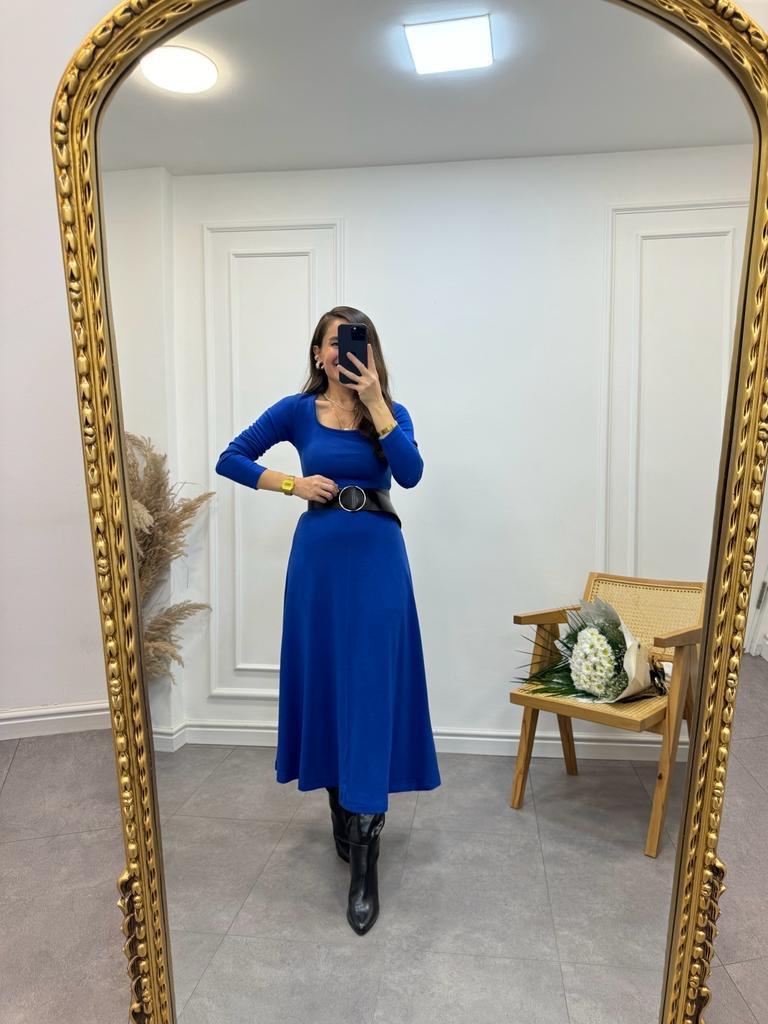 Sax Kare Yaka Kemer Detaylı Çan Elbise 3041