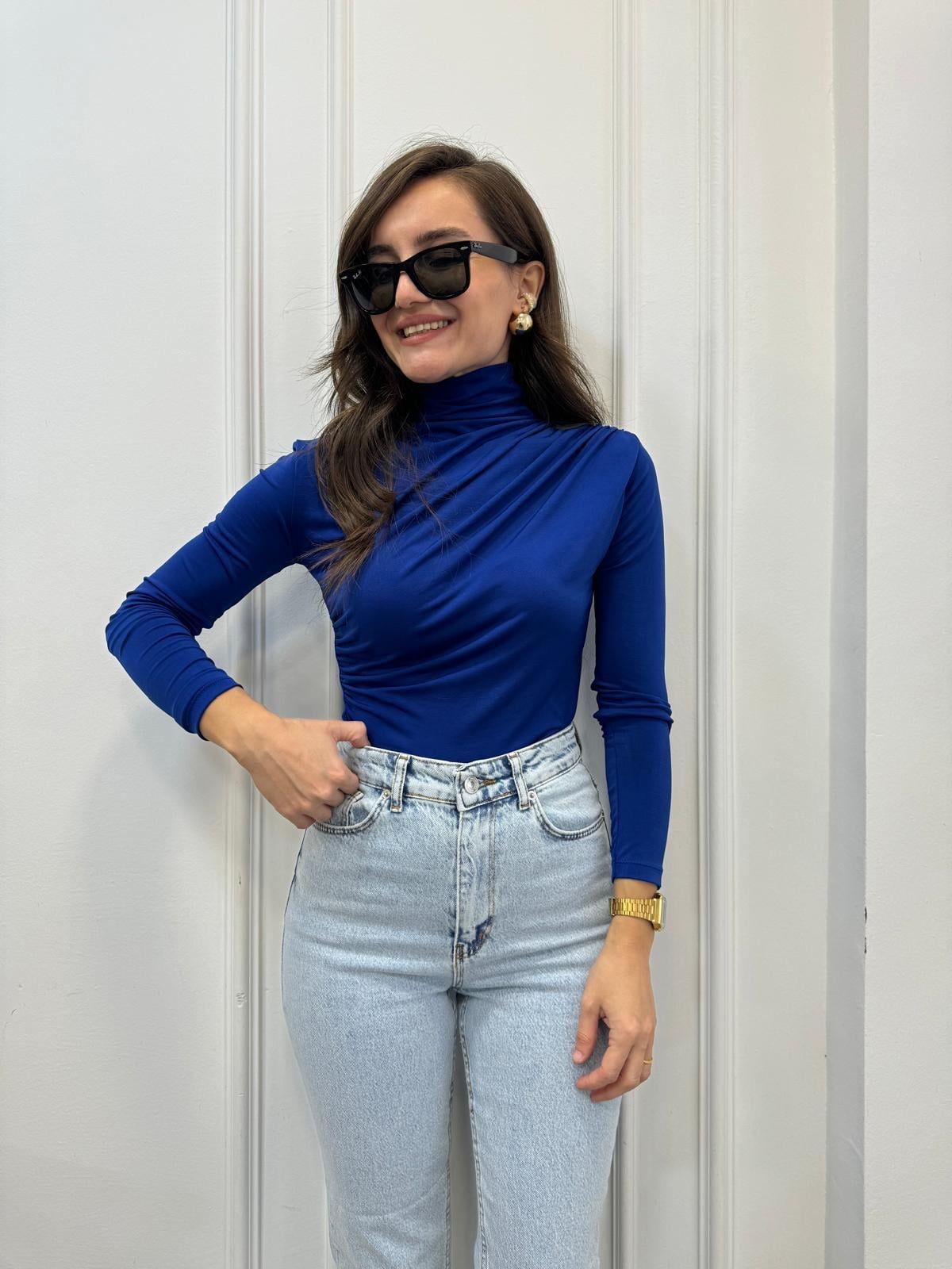 Sax Omuz Drape Detaylı Tasarım Bluz 7043