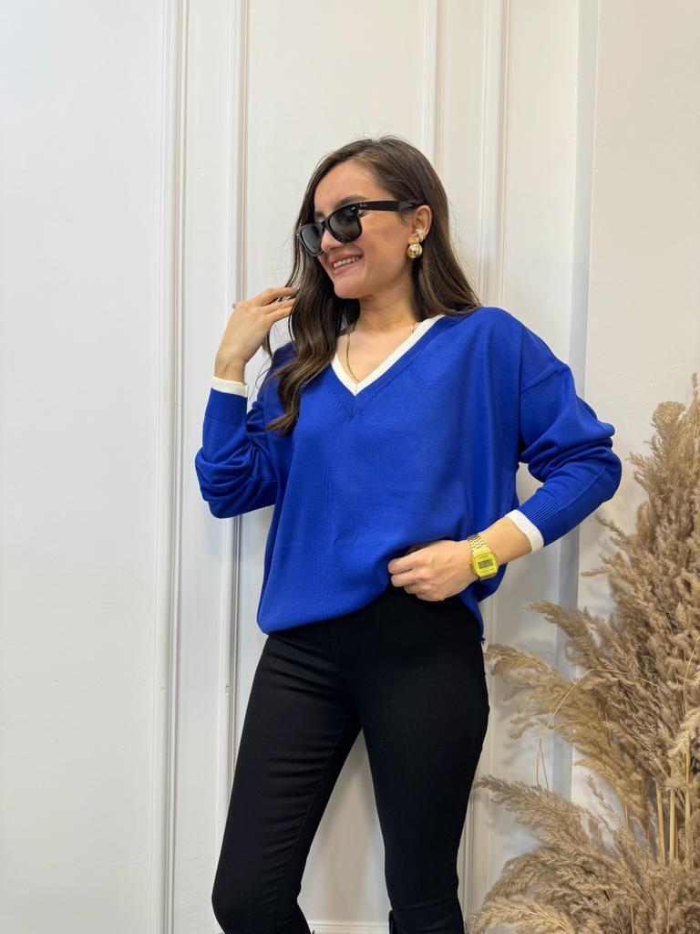 Sax V Yaka Beyaz Şeritli Triko Bluz 3743
