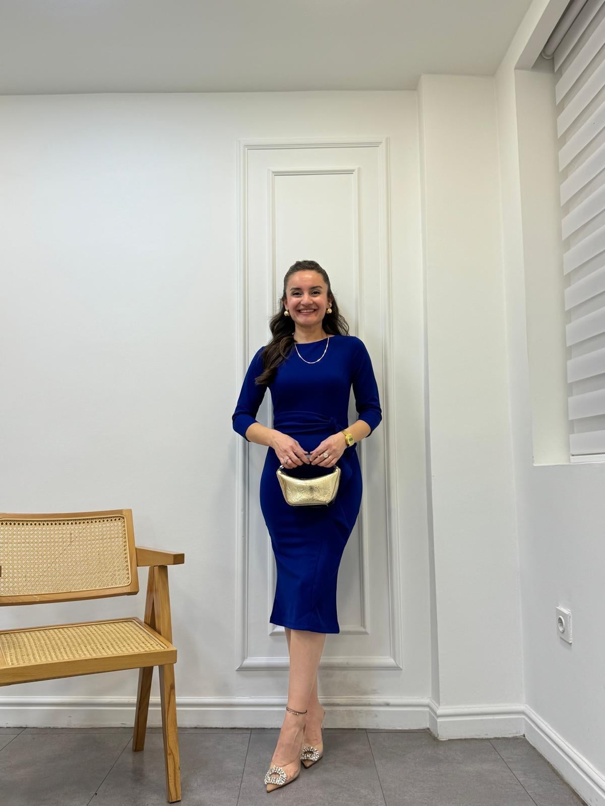 Sax Volanlı Ön Kemer Detaylı Elbise 1132