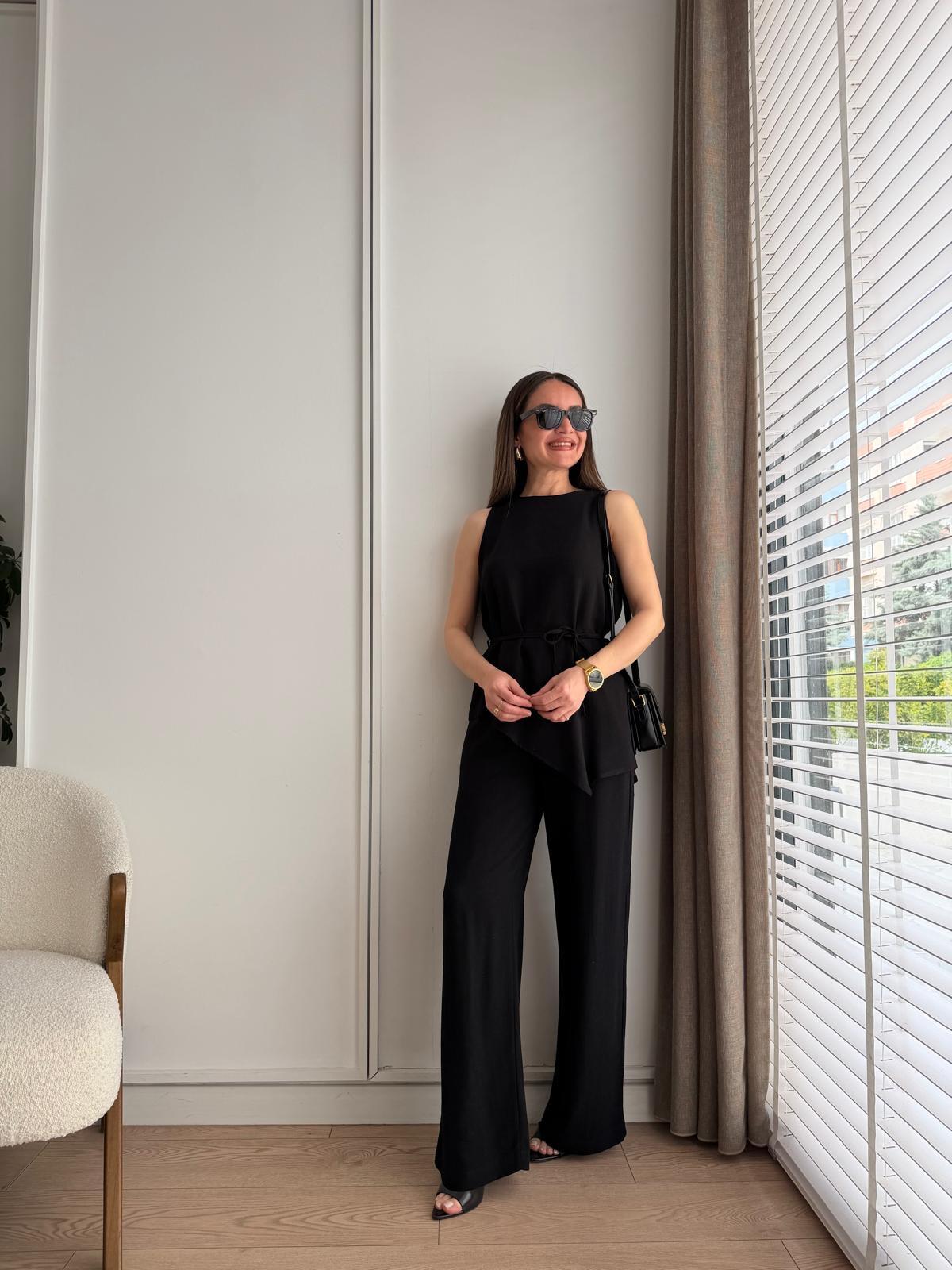 Siyah Asimetrik Kesim Bluz Pantolon Takım 8784