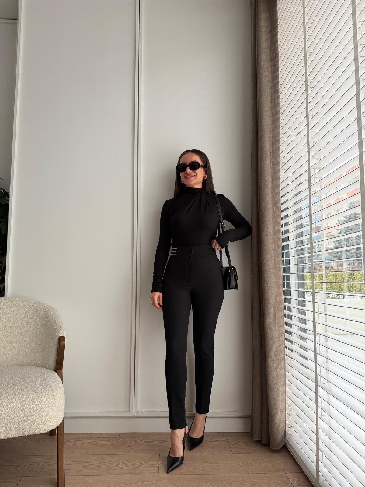 Siyah Bel Detaylı Kumaş Pantolon 2086