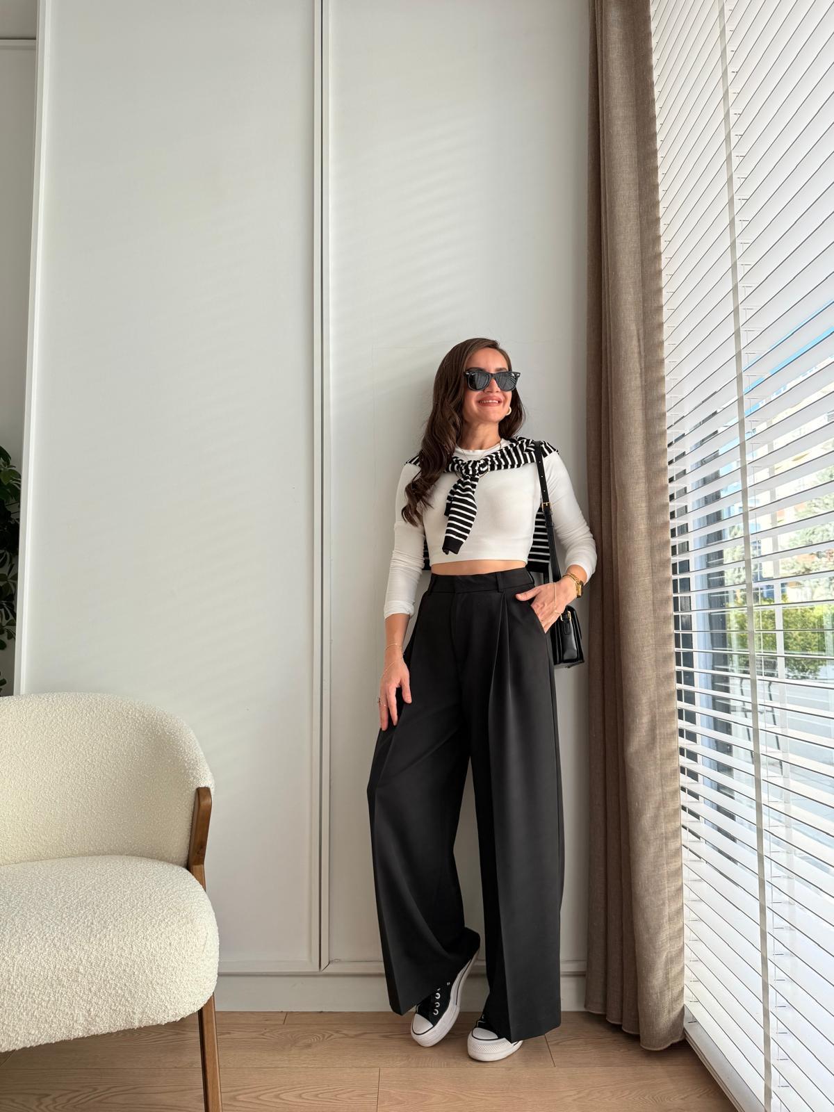 Siyah Bel Detaylı Pensli Palazzo Pantolon 51210