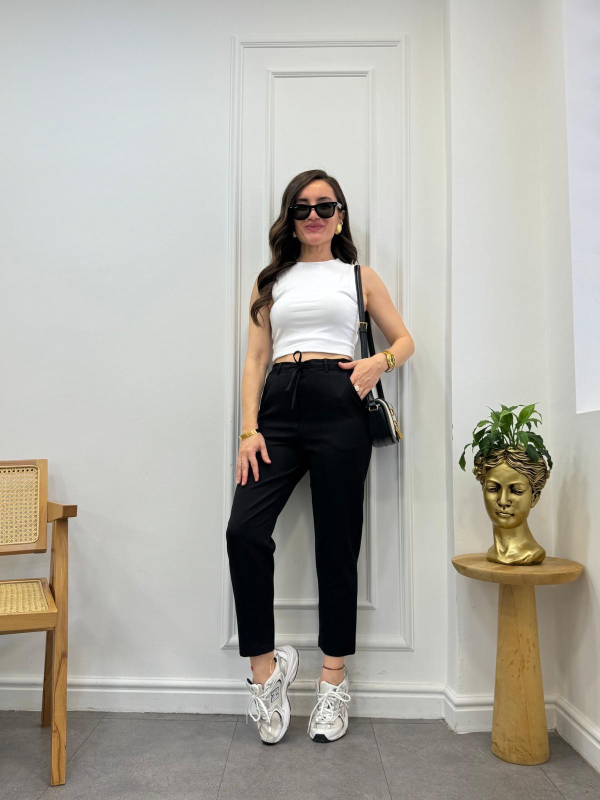 Siyah Bel Lastikli Bağlamalı Havuç Pantolon 3978