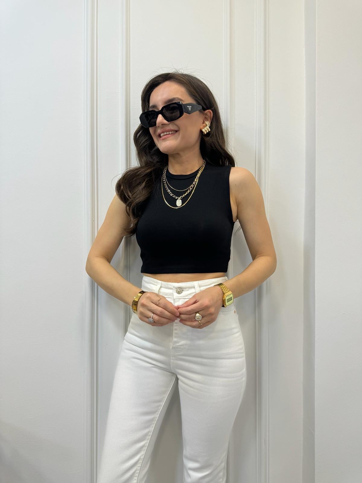 Siyah Bisiklet Yaka Ribana Crop 7415