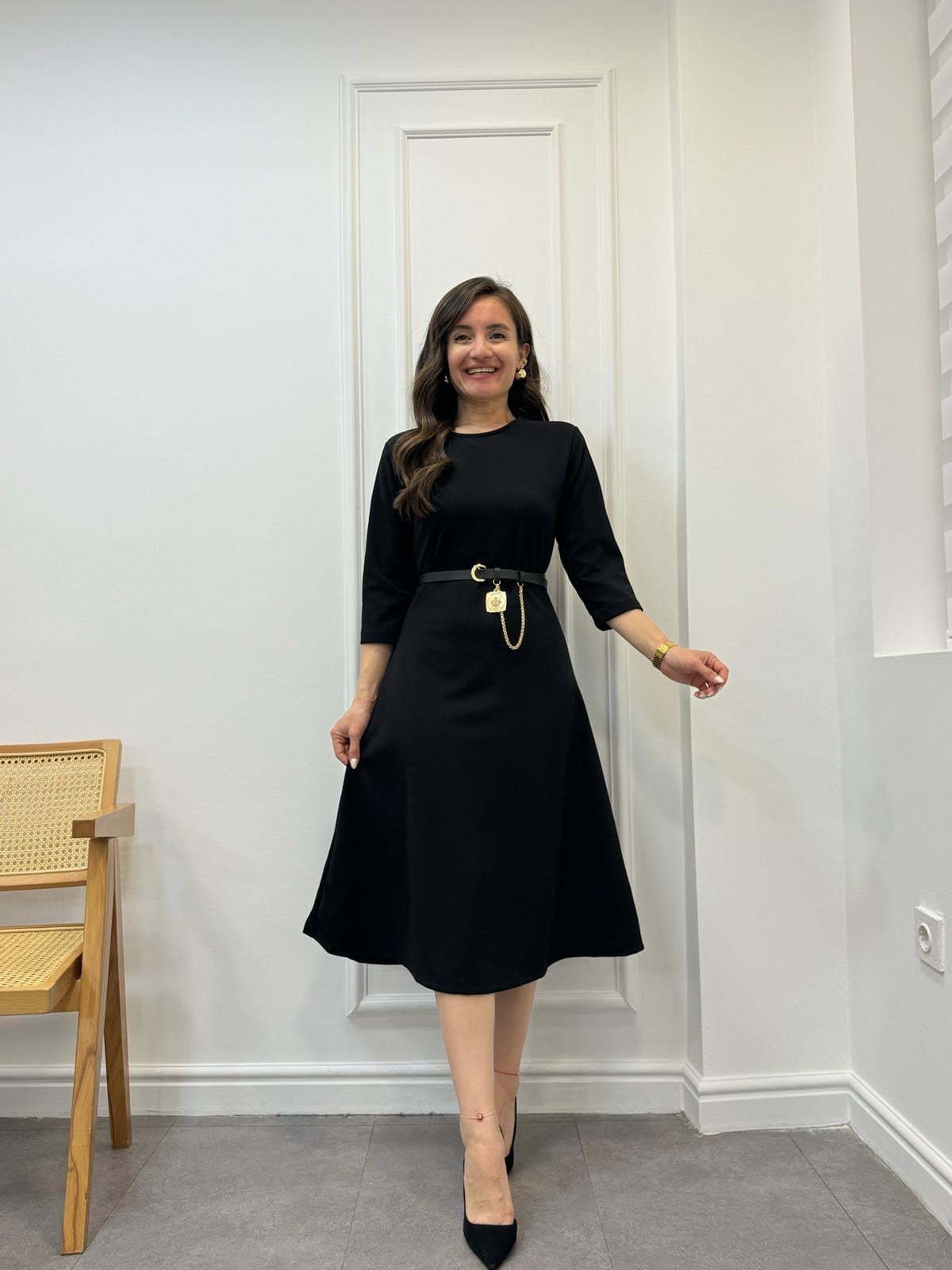 Siyah Bisiklet Yaka Yarım Kol A Kesim Elbise 27408