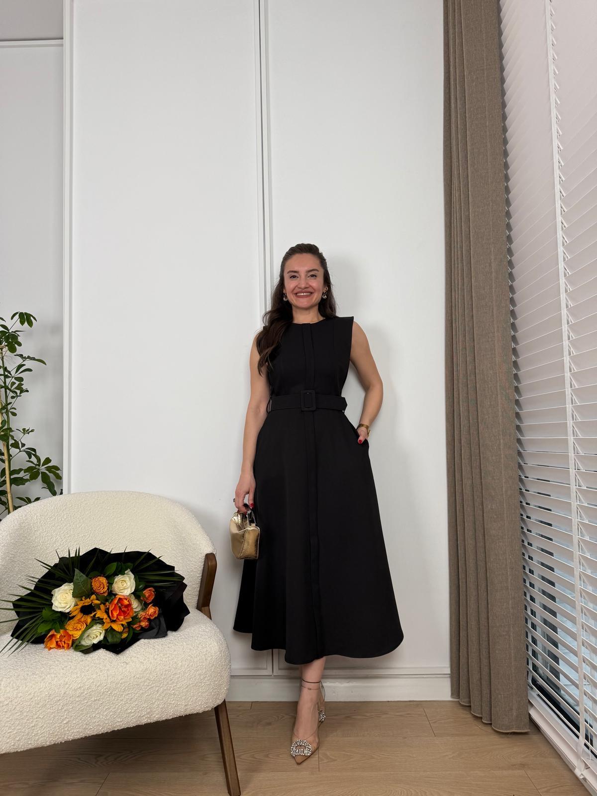 Siyah Cepli Kemerli Kloş Elbise 1123