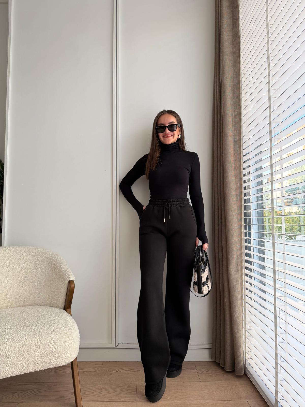 Siyah Cepli Şardonlu Geniş Paça Eşofman 10015