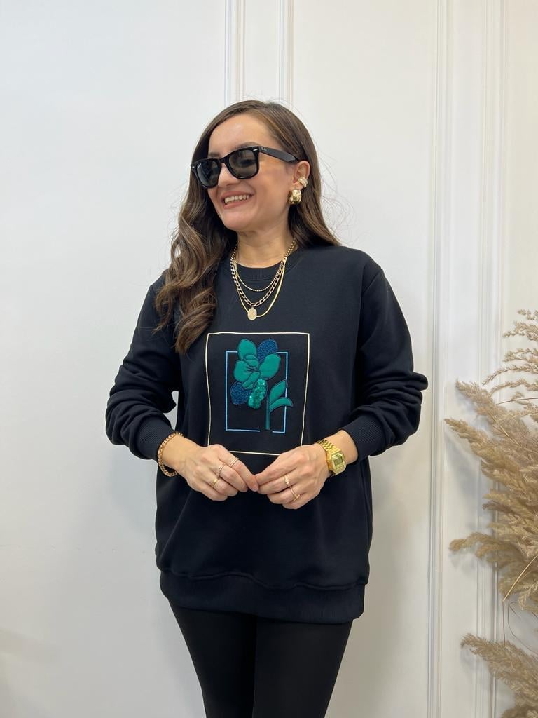 Siyah Çiçek Nakış İşlemeli Orijinal Marka Sweatshirt 2767
