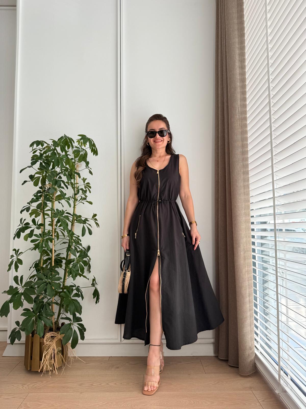 Siyah Çift Fermuarlı Bel Büzgü Detaylı Tensel Kumaş Elbise 36069