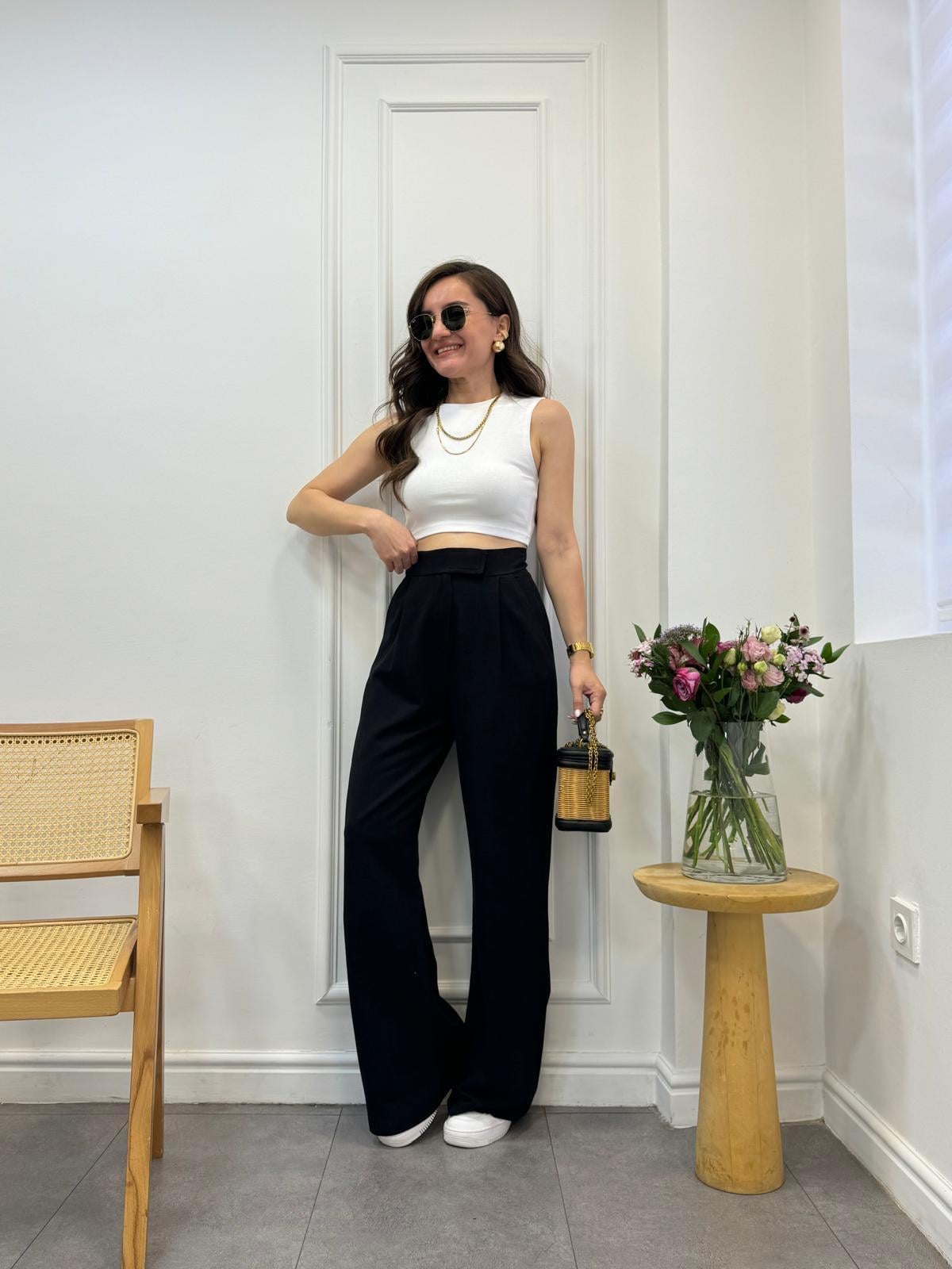 Siyah Cırt Kapamalı Keten Palazzo Pantolon 3877