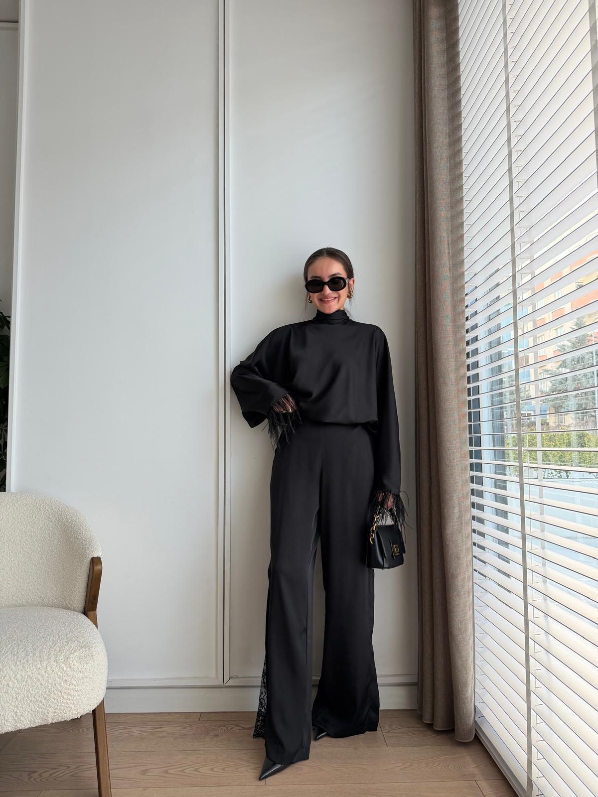 Siyah Dantel Detaylı Saten Pantolon 36628