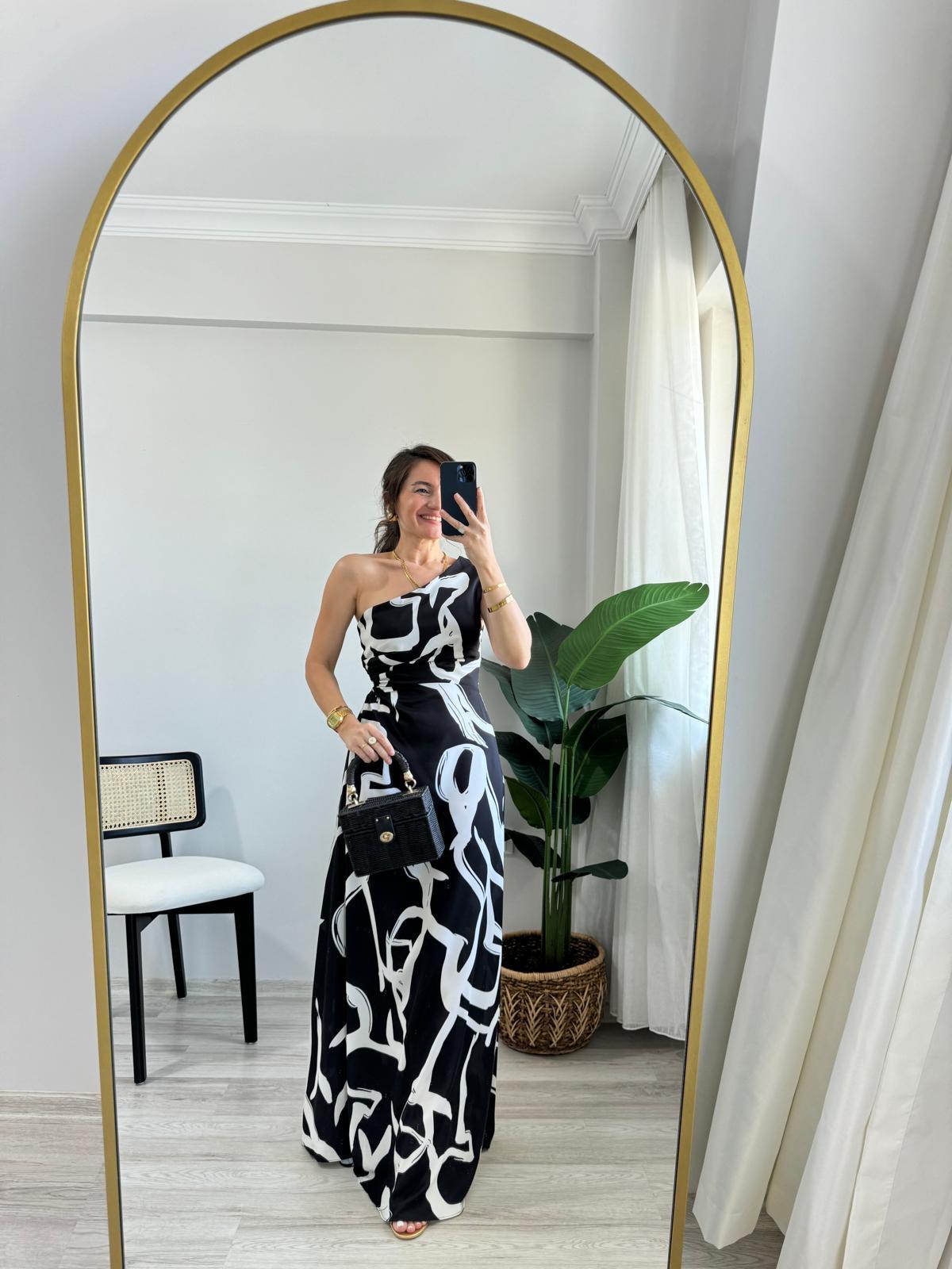 Siyah Desenli Bel Dekolteli Tek Omuz Elbise 5956