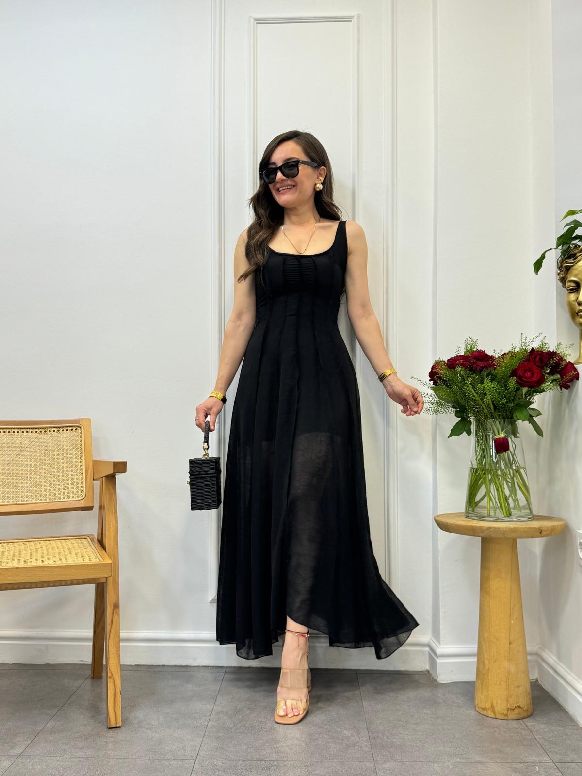 Siyah Dikiş Detaylı Askılı Elbise 3194