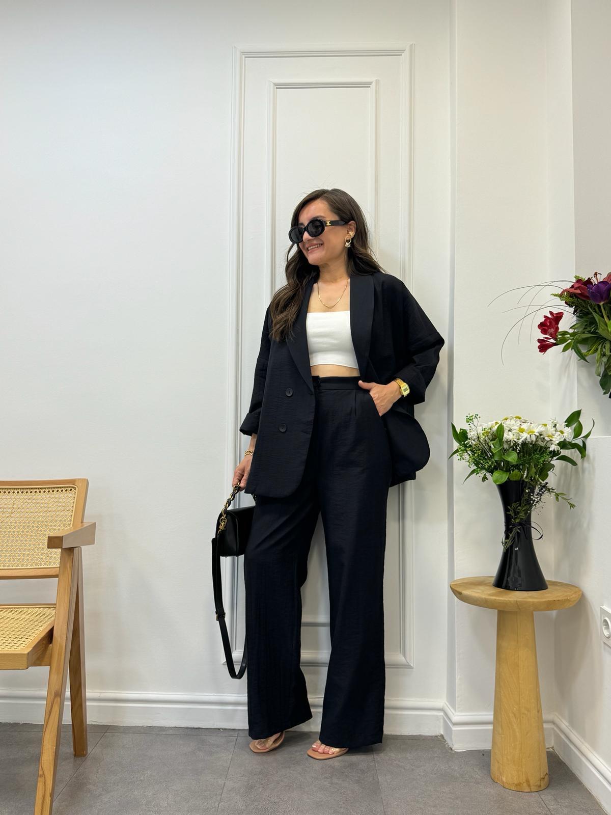 Siyah Dört Düğmeli Blazer Pantolon Keten Takım 9006