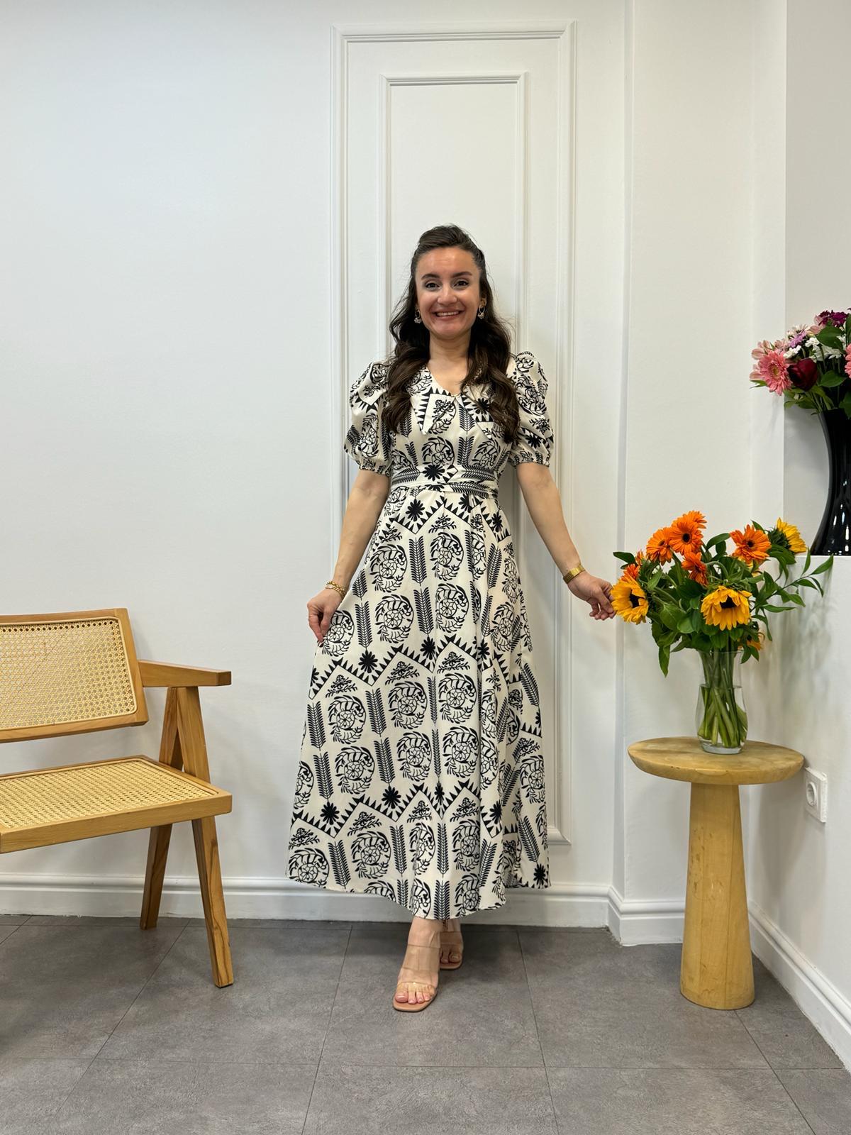 Siyah Ekru Bebe Yaka Etnik Desenli Elbise Elbise 4193