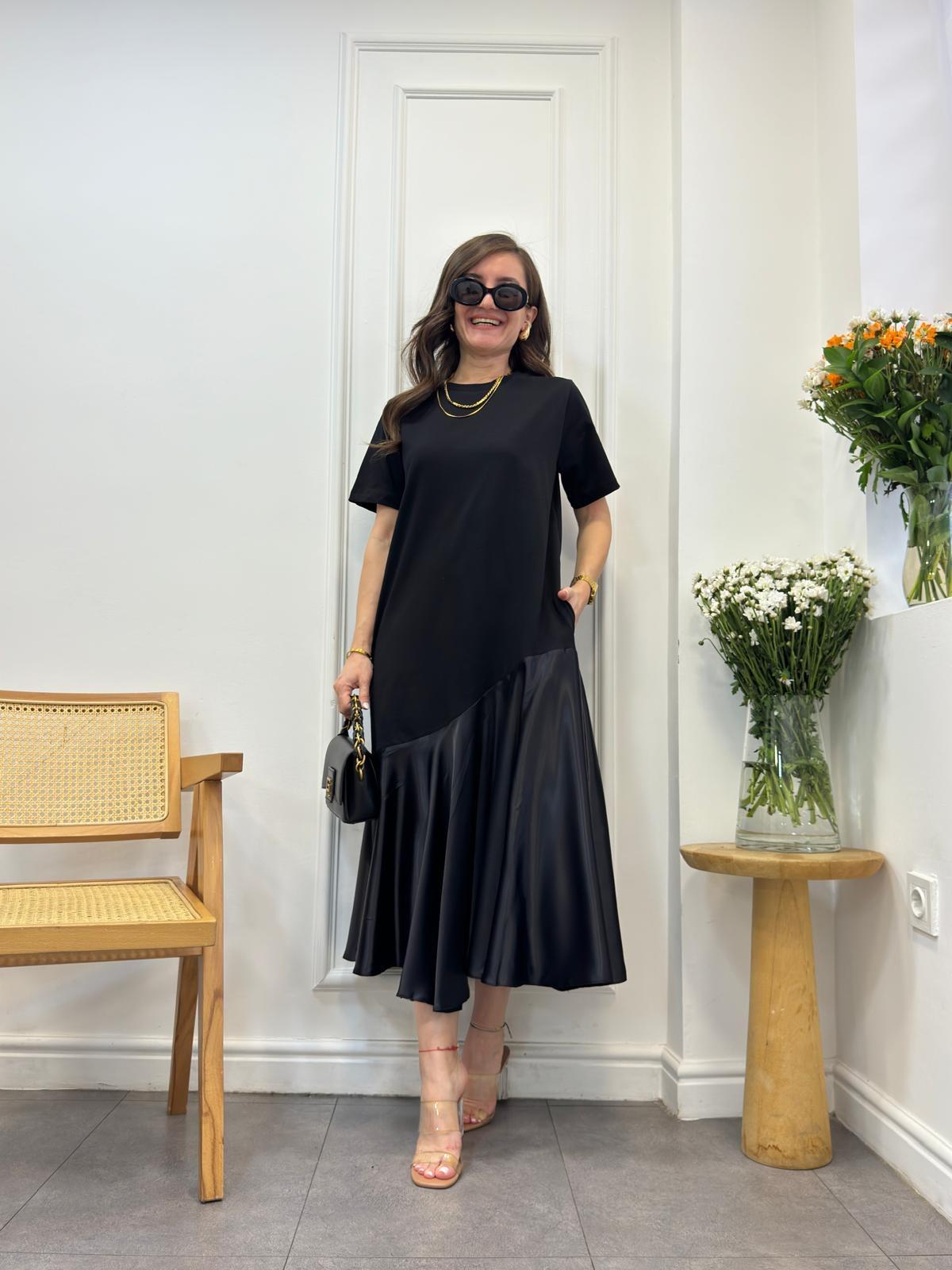 Siyah Eteği Saten Detaylı Elbise 2944