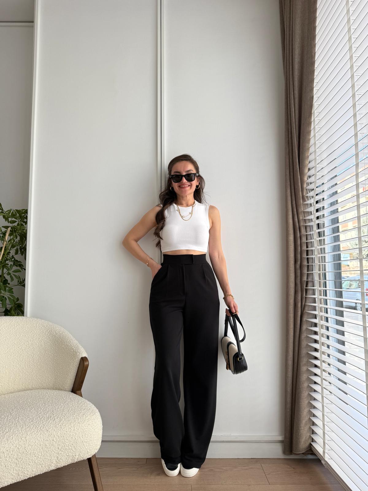 Siyah Full Likralı Bel Detaylı Palazzo Pantolon 3826