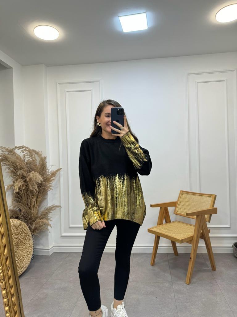 Siyah Gold Baskılı Triko Kazak 4079