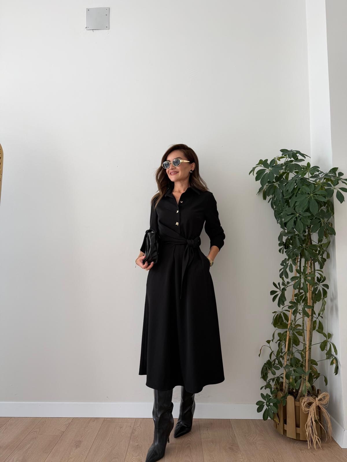 Siyah Gold Düğmeli Bağlamalı Elbise 2836