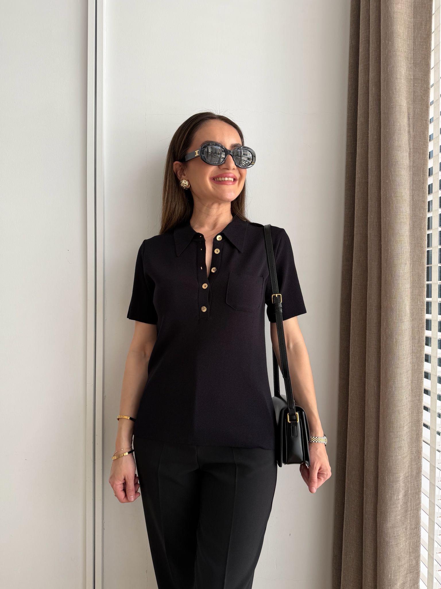 Siyah Gold Düğmeli Polo Yaka Triko Bluz 140616
