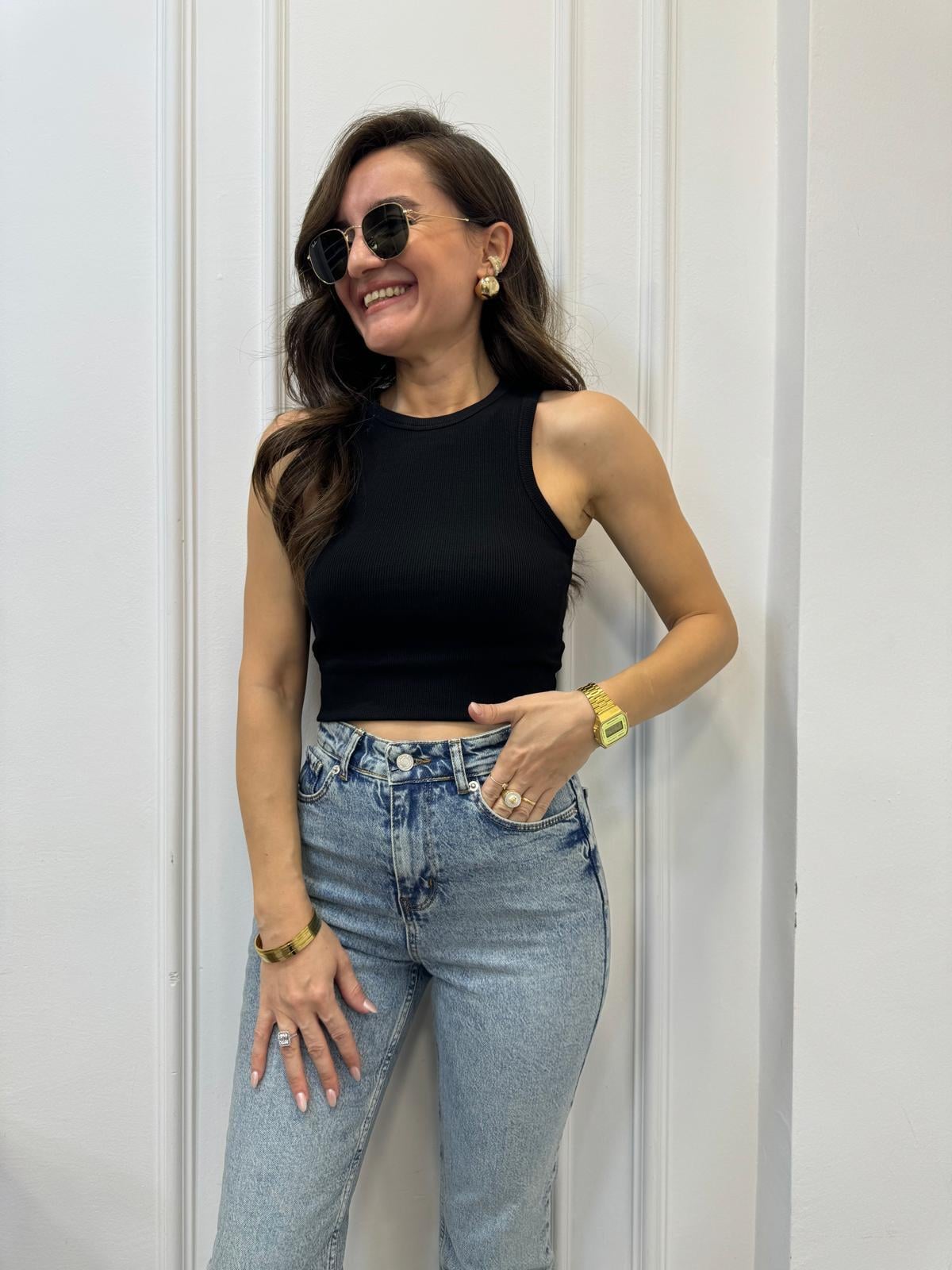 Siyah Halter Yaka Fitilli Atlet 3128