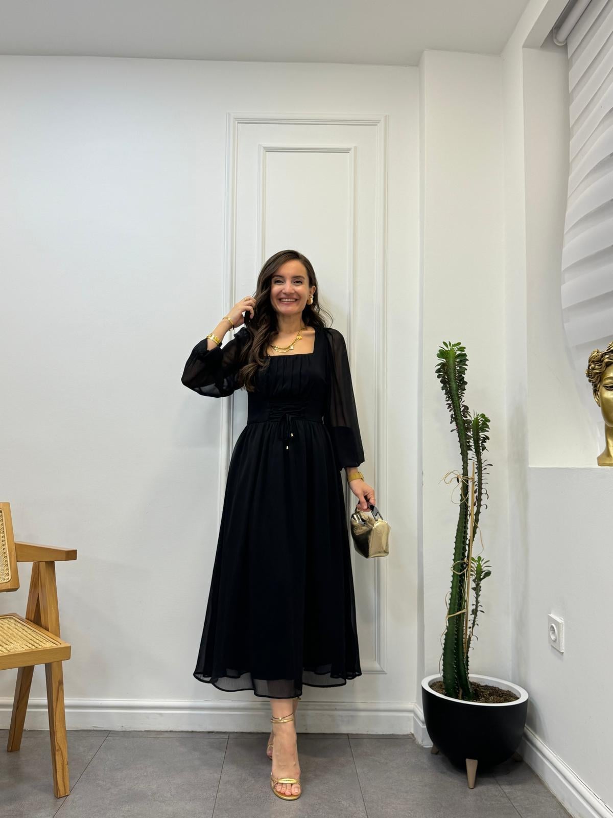 Siyah Kare Yaka Beli Bağlamalı Şifon Elbise 3264