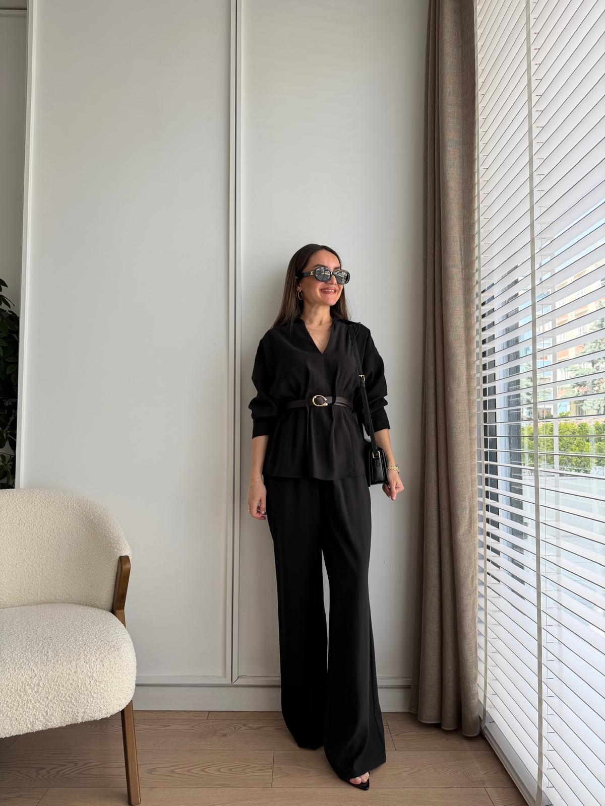 Siyah Kemerli Bluz Pantolon Takım 58495