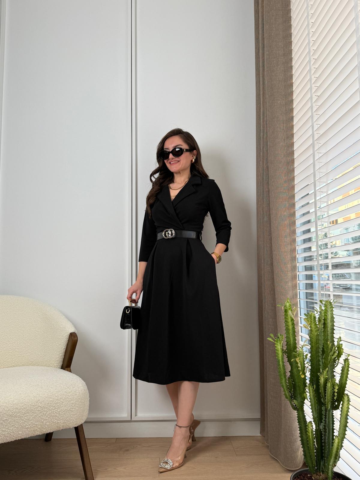 Siyah Kemerli Midi Boy Elbise 2366