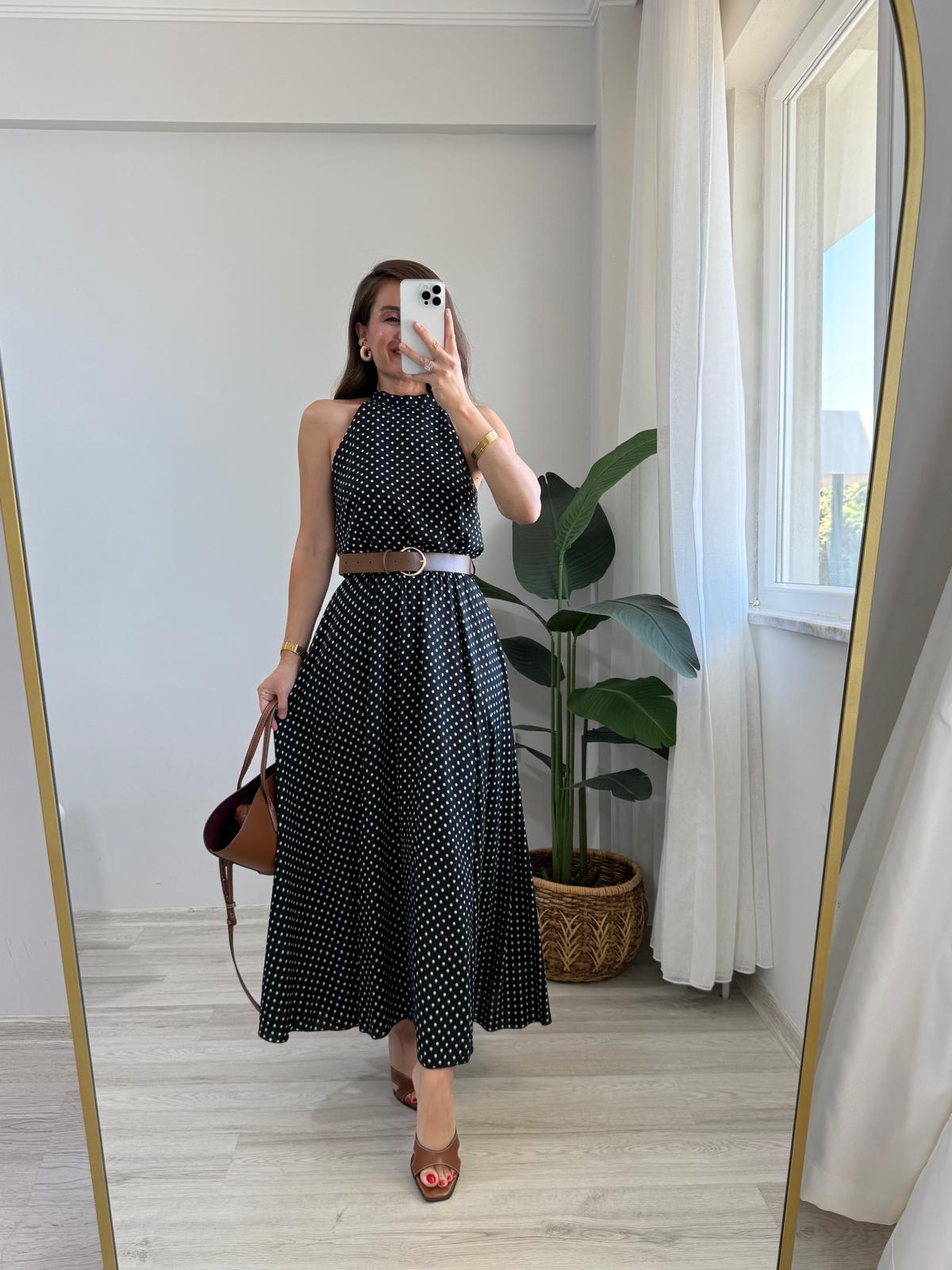 Siyah Kemerli Puantiyeli Midi Boy Elbise 36525