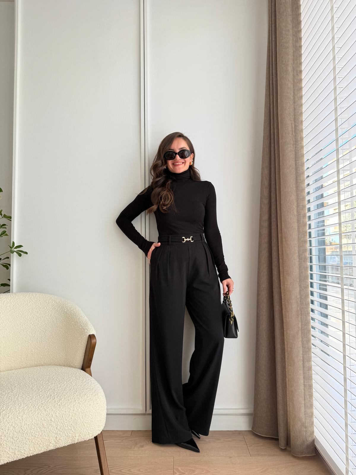 Siyah Kendinden Kemerli Bel Lastikli Palazzo Pantolon 3704