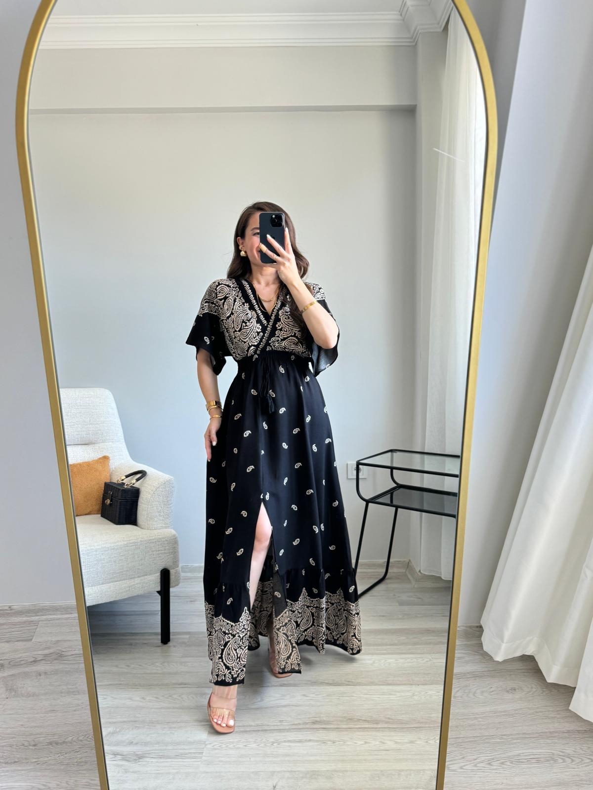 Siyah Kruvaze Yaka Bel Gipe Detaylı Ön Yırtmaçlı Elbise 4327