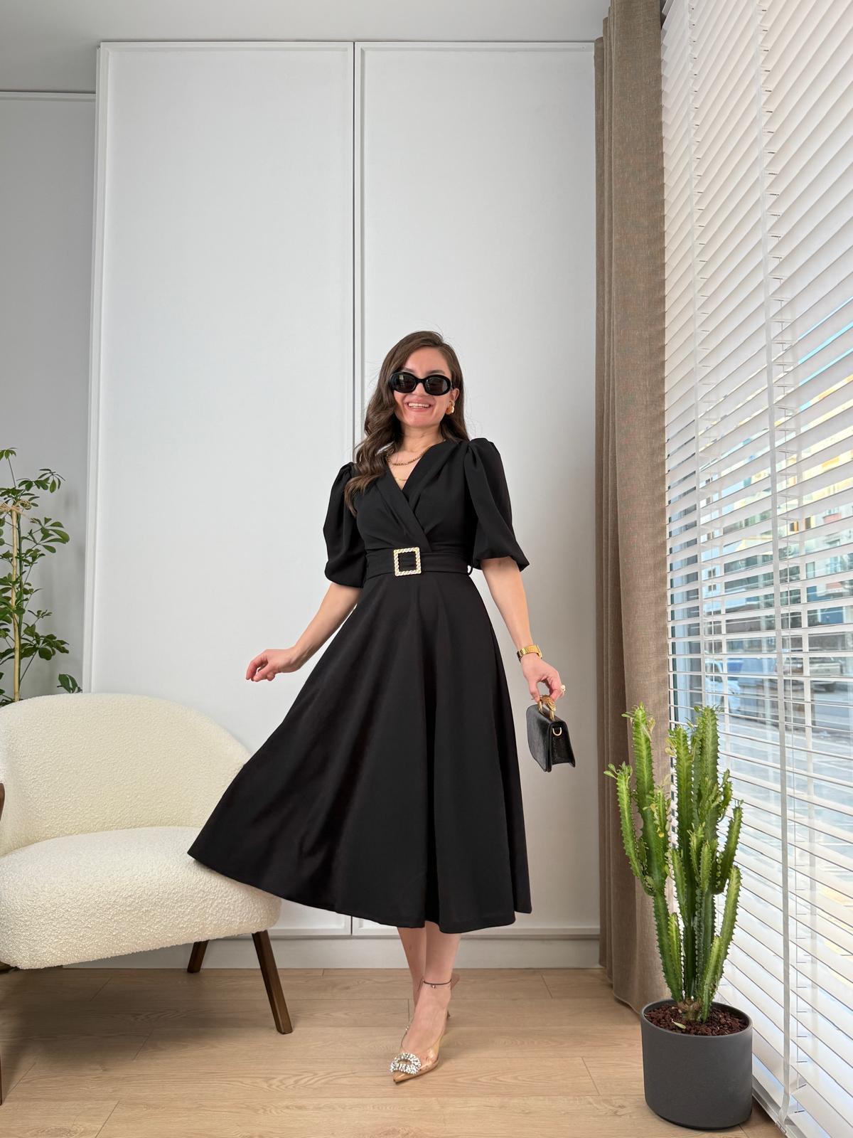 Siyah Kruvaze Yaka Kuşaklı Midi Boy Elbise 1174