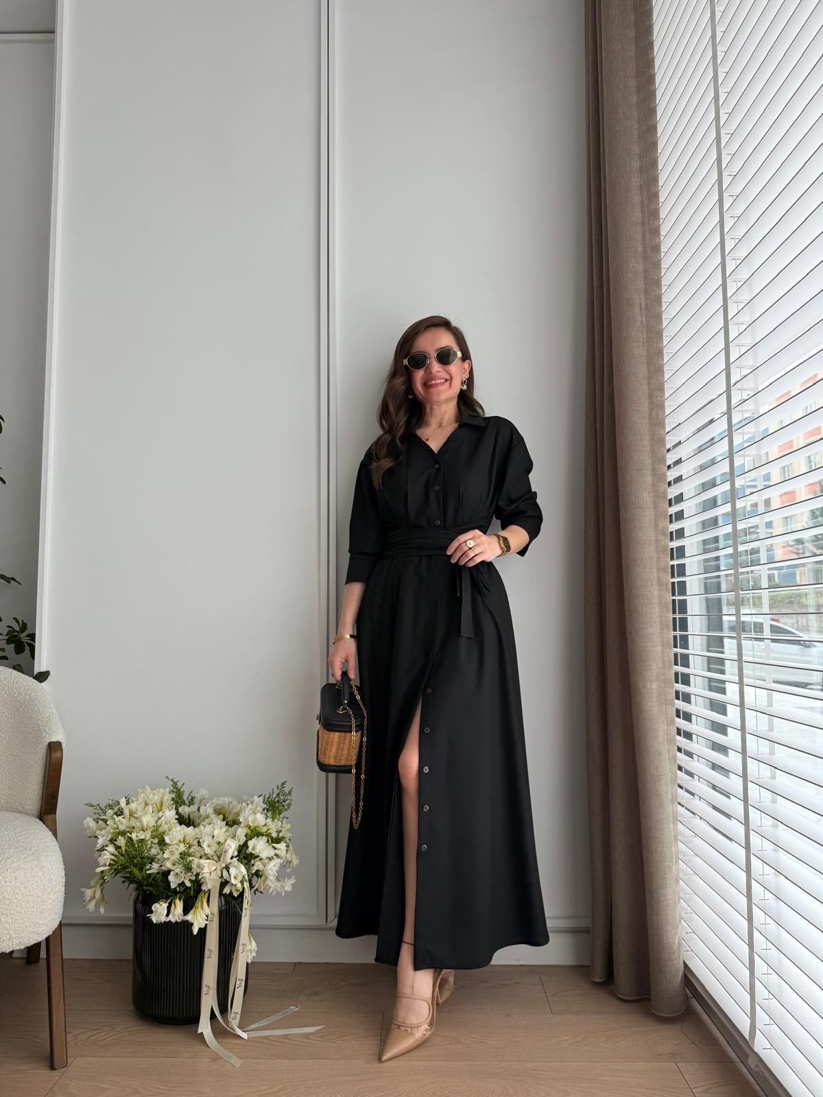 Siyah Kuşak Bağlama Detaylı Gömlek Elbise 2272