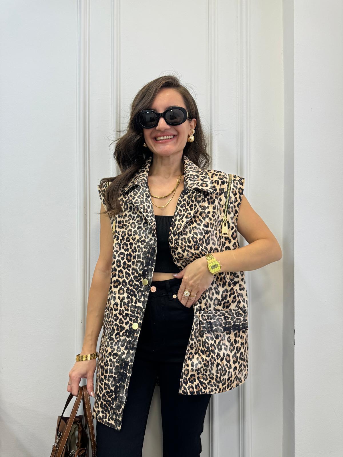 Siyah Leopar Desenli Fermuar Detaylı Tasarım Yelek 28838