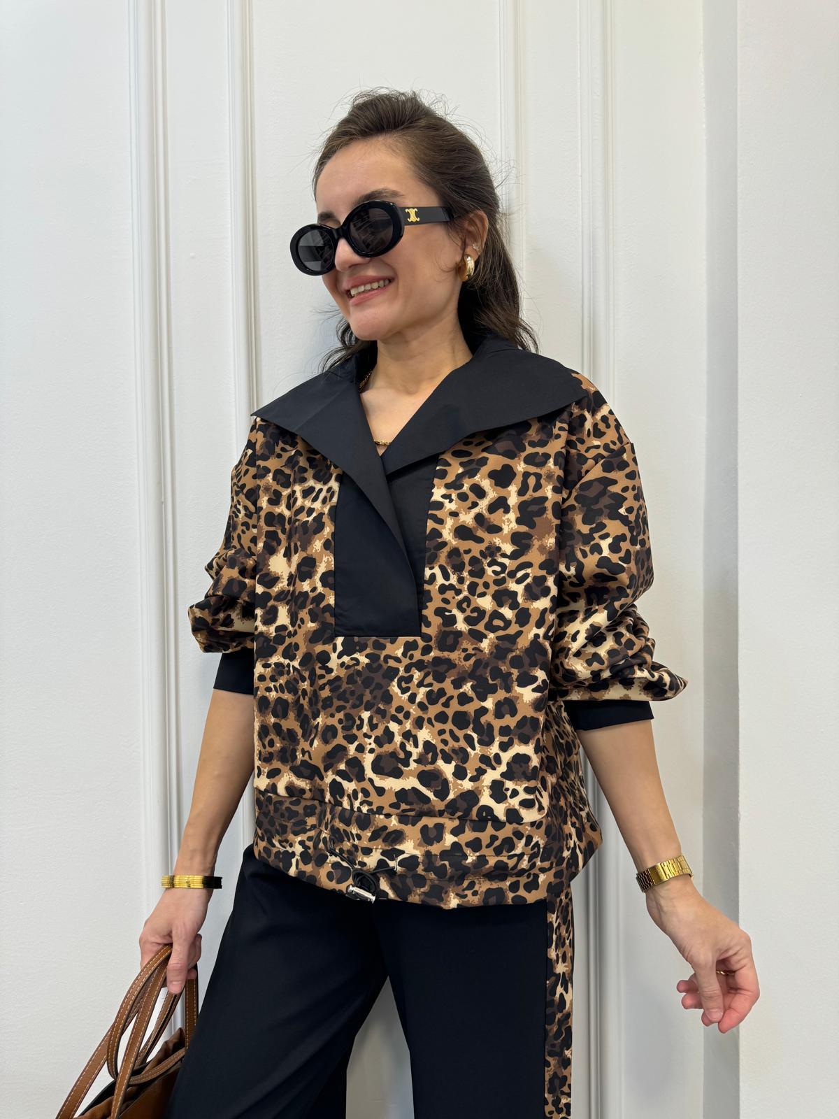 Siyah Leopar Garnili Tasarım Alt Büzgülü Sweetshırt 35426