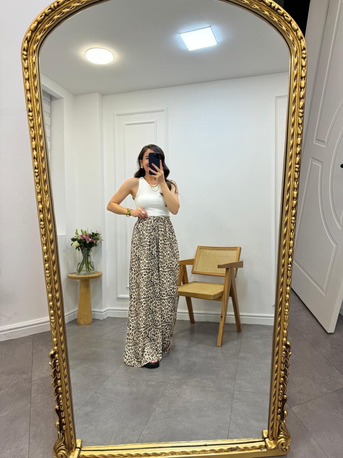 Siyah Leopar Saten Palazzo Pantolon 51027