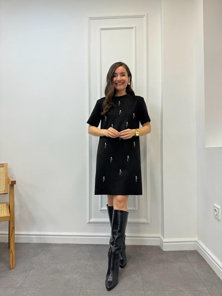 Siyah Lüx Kalite Tasarım Taşlı Nubuk Elbise 0079