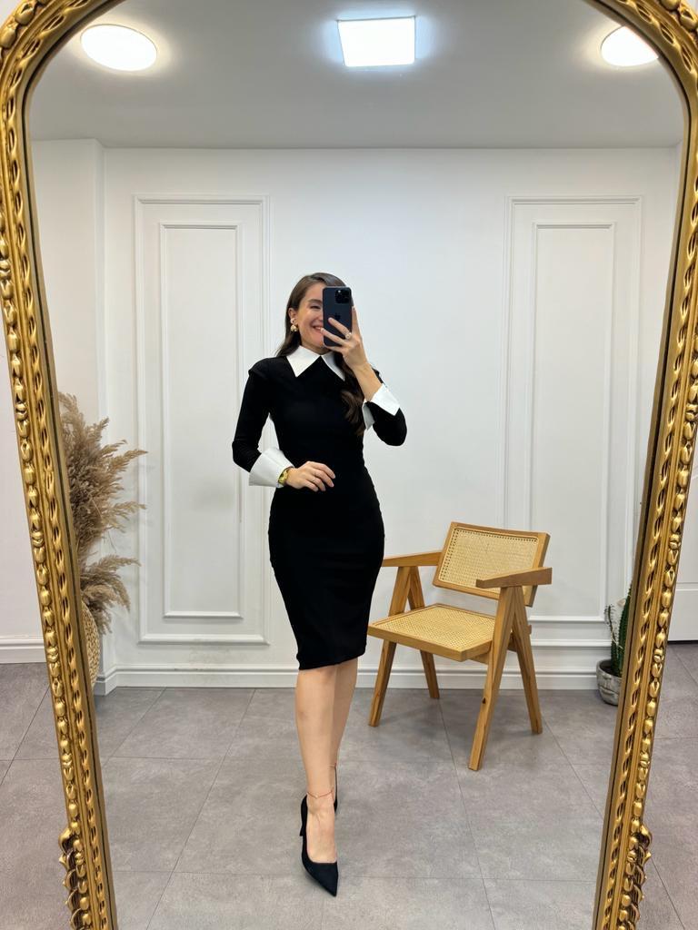Siyah Marka Model Gömlek Yaka Detaylı Ottoman Kumaş Elbise 21238